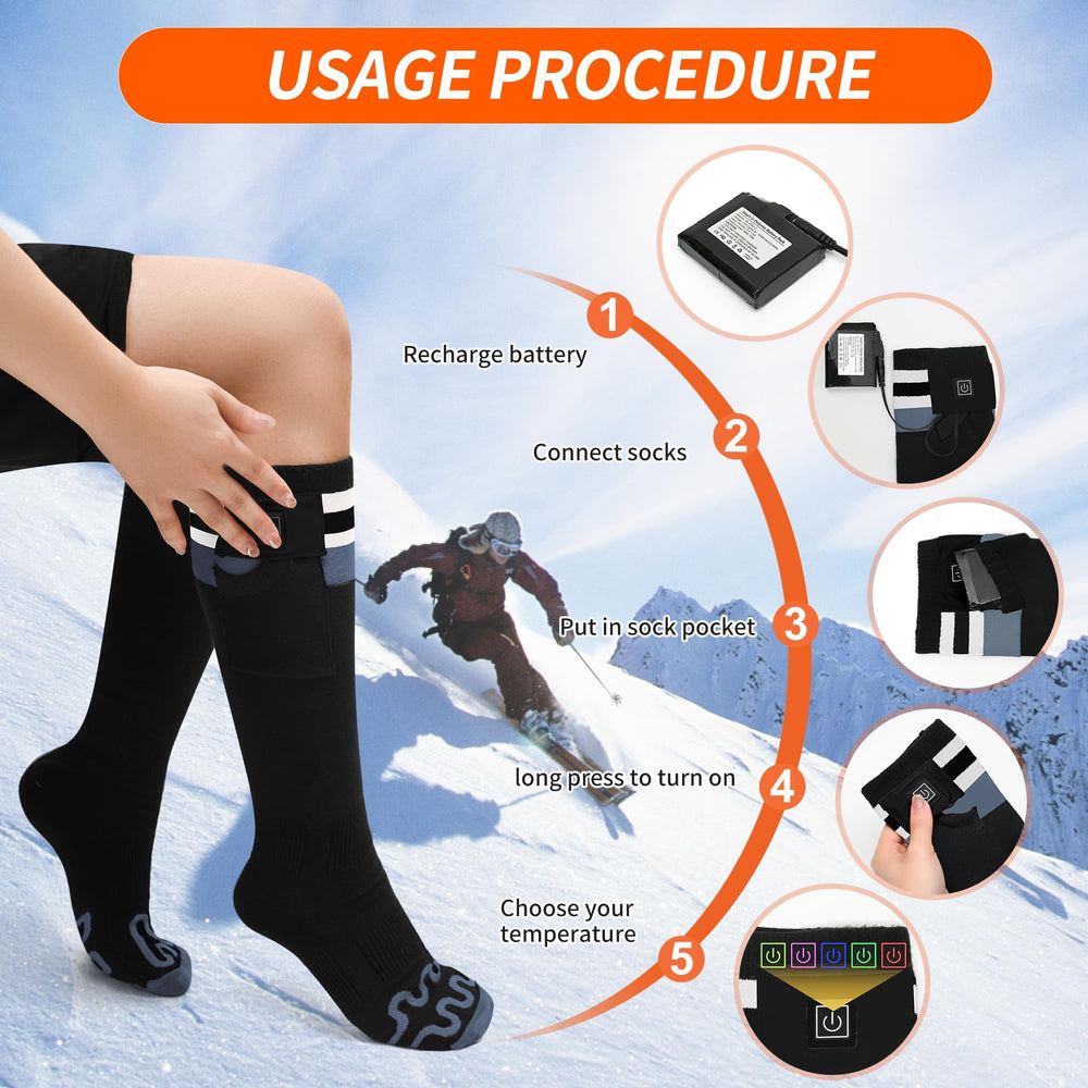 Mecmic heated socks include care tips and battery removal guidance
