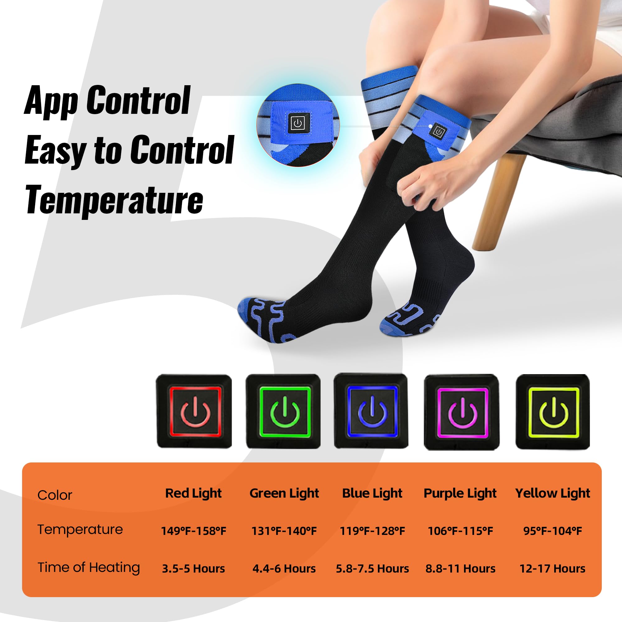 Five-level temperature indicator showing easy mode selection on Mecmic heated socks.