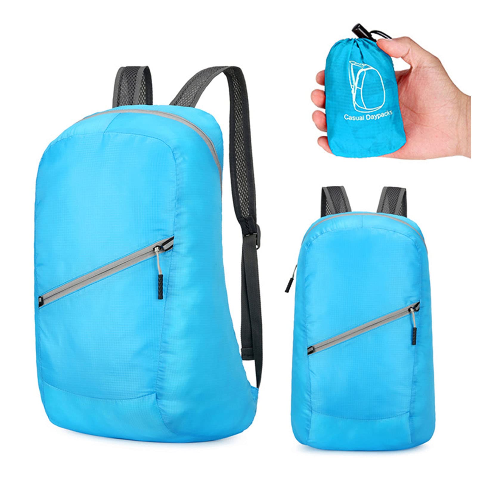 MEELYHOME sky blue packable backpack shown as a stylish travel companion.