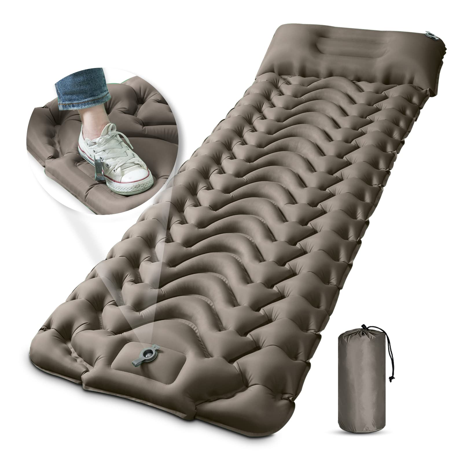 MEETPEAK Camping Pad foot pump inflates quickly for fast campsite setup.