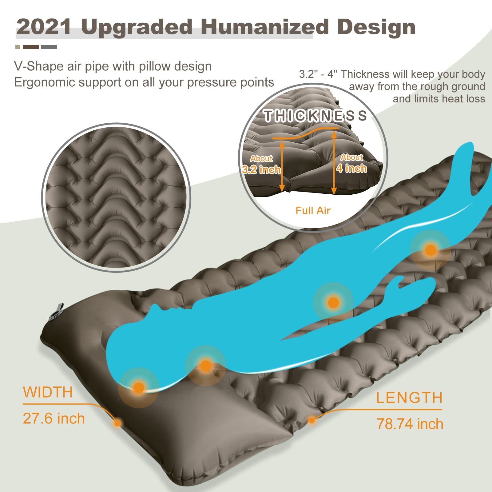 MEETPEAK Camping Pad pillow-support design offers ergonomic comfort during sleep.