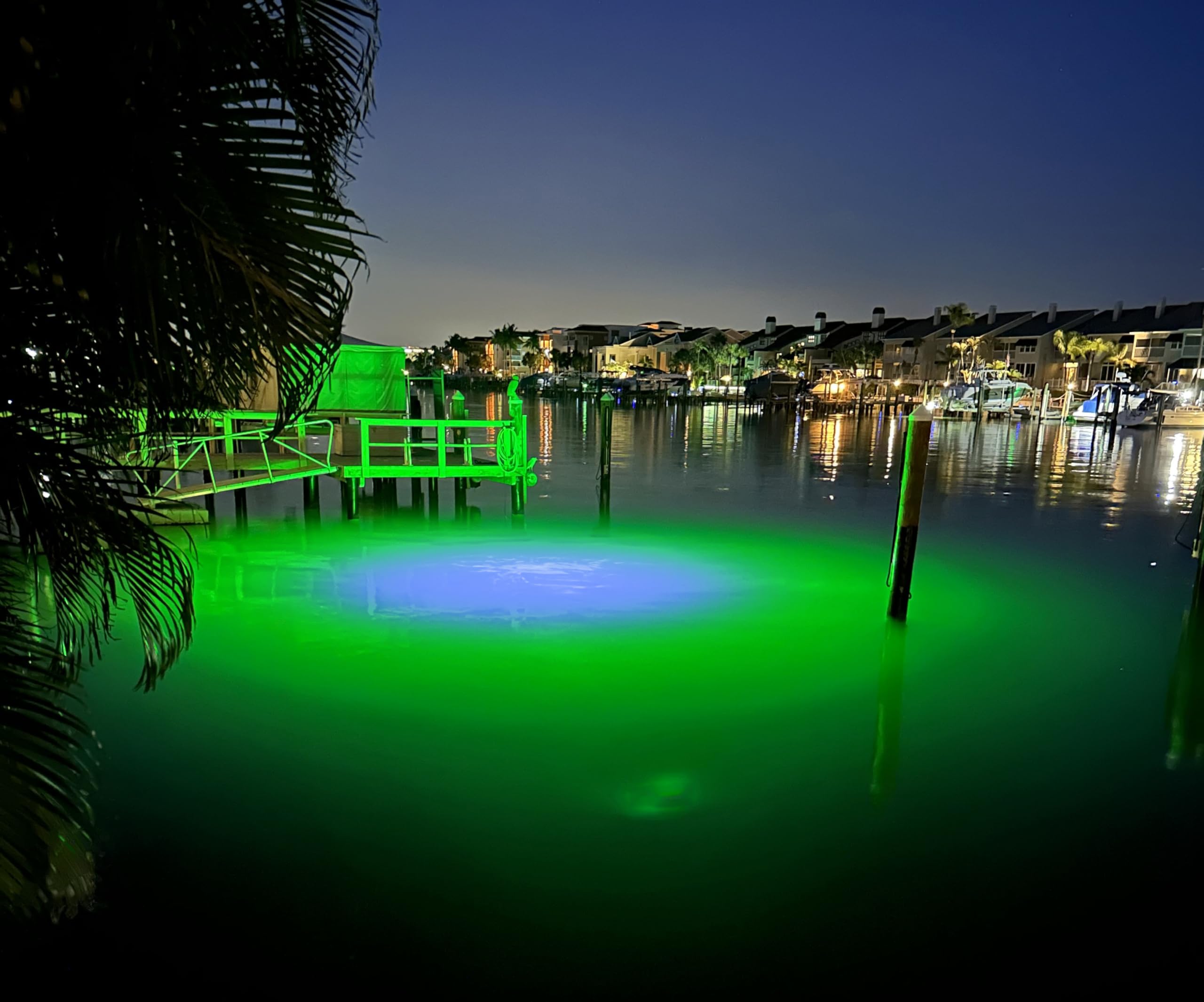Mega-Watt Iris dock light close-up reveals 32k lumens blue-green glow
