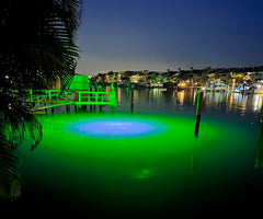 Mega-Watt Iris dock light close-up reveals 32k lumens blue-green glow
