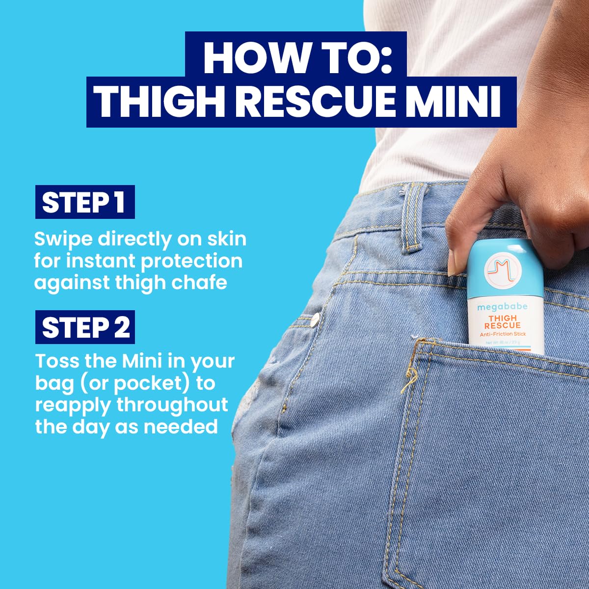 Megababe Thigh Rescue Mini features a fresh citrus scent and easy glide.