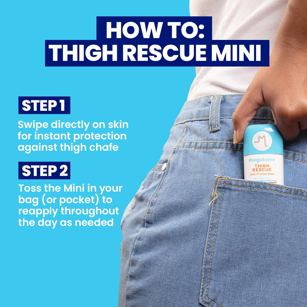 Megababe Thigh Rescue Mini features a fresh citrus scent and easy glide.