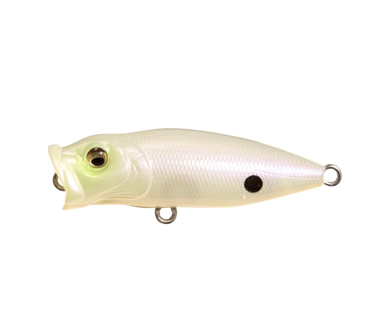 Megabass Baby Pop X 2in lure close-up shows bold top-water action.