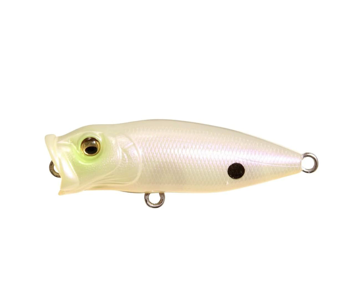 Megabass Baby Pop X 2in lure close-up shows bold top-water action.