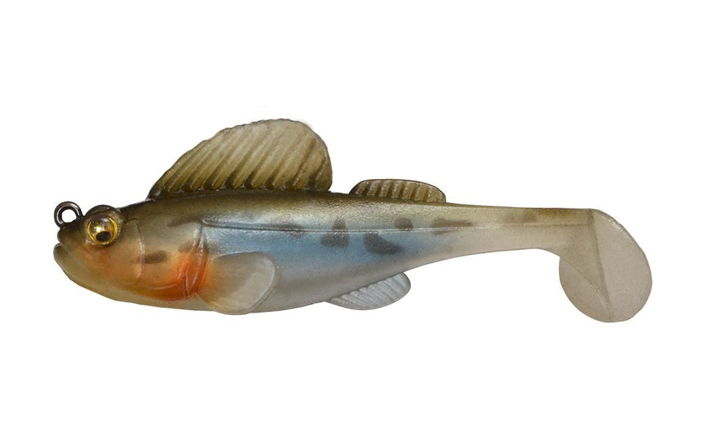 Megabass Dark Sleeper swimbait 3in haze image showing bottom-hold realism for structure fishing.
