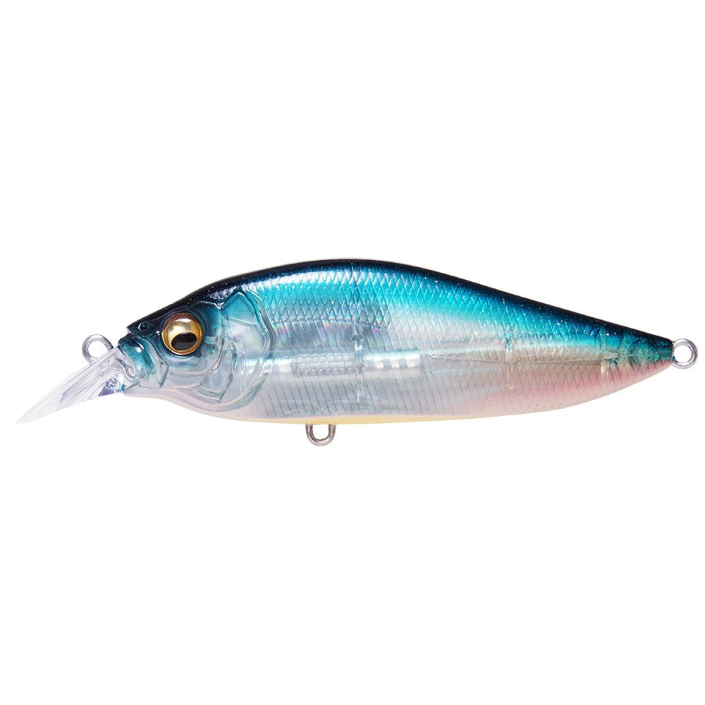 Megabass Flap Slap LBO Blue Mint Shad front view showcasing vivid color for visibility and casting reach