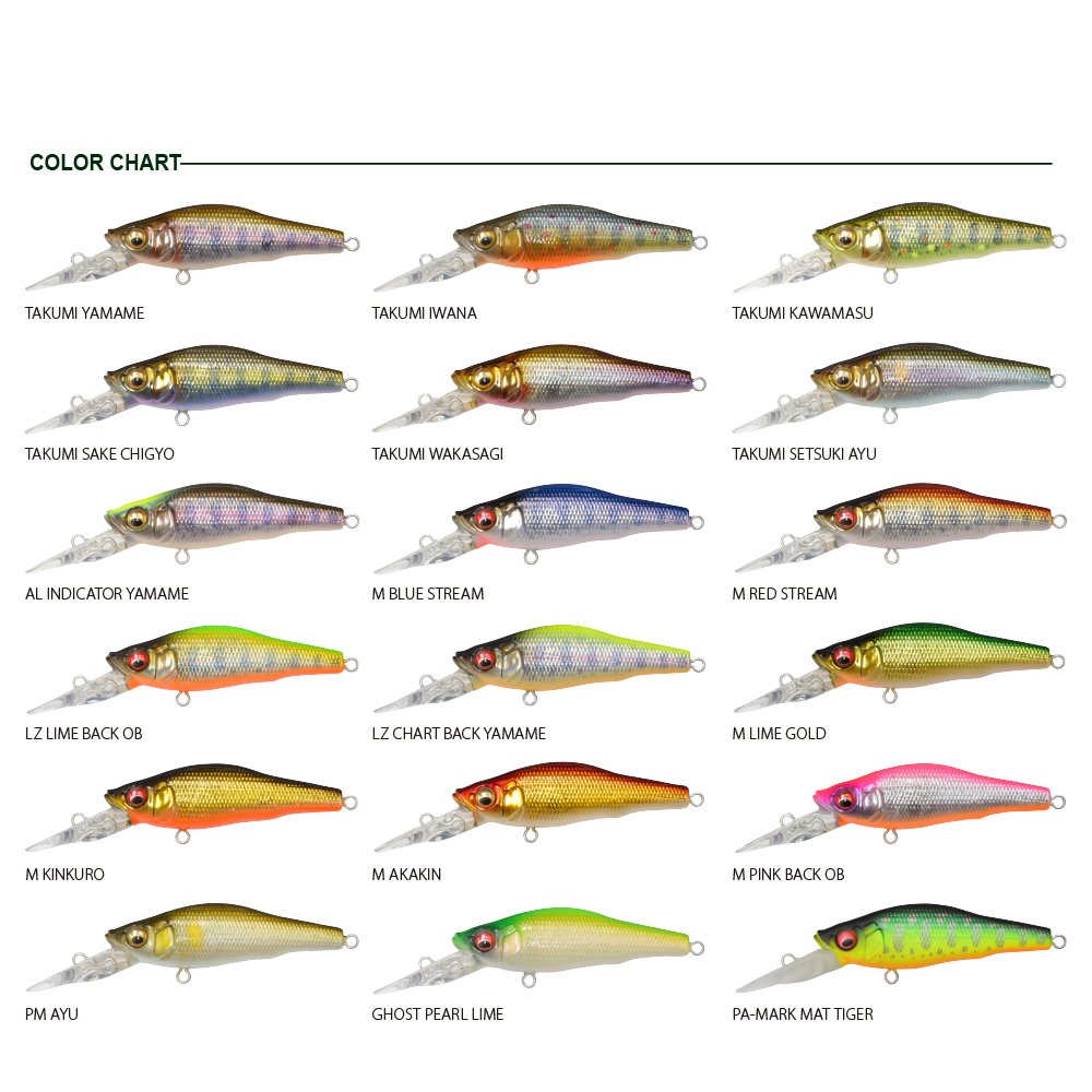Megabass Great Hunting 48 Dive Yamame, side view showing compact depth profile for mid-water targets.