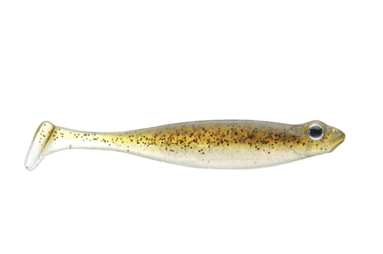 Megabass Hazedong Shad 4.2in paddletail in Green Pumpkin Shad, versatile for jig, weightless, or drop shot rigs.