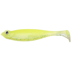 Megabass Hazedong Shad SW 3 Glow Chart Lime side view showing slim, water-gripping profile.