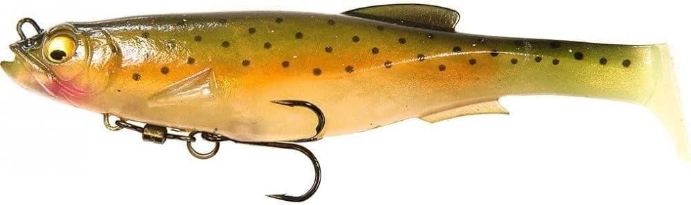 Megabass MagDraft 8in fin-suppressor angle illustrates stabilized, roll-minimized motion.