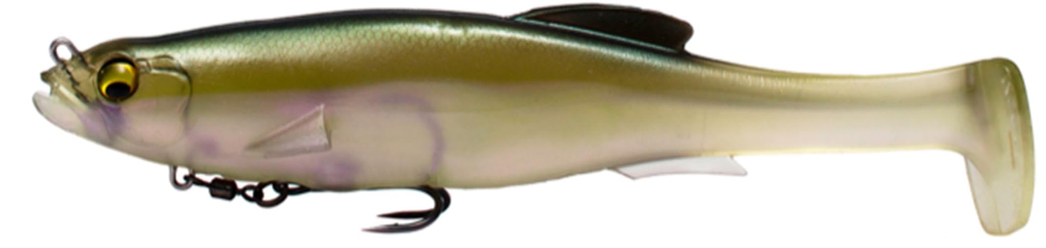 Megabass Magdraft Borealis Shad 6in shows magnet hugging the body for snag resistance.
