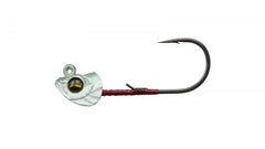 Megabass Okashira jighead close-up highlights razor-sharp hook and lifelike eyes