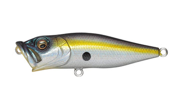 Megabass POP-X topwater lure in USA Sexy Shad, designed for spitting and side-to-side balance.