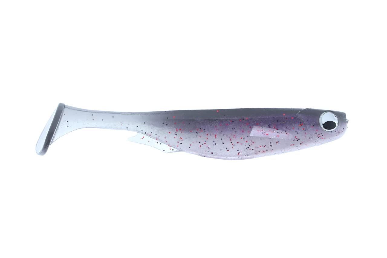 Megabass Spark Shad 3in Neon Pepper tail view highlights responsive tail during retrieves.