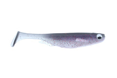 Megabass Spark Shad 3in Neon Pepper tail view highlights responsive tail during retrieves.