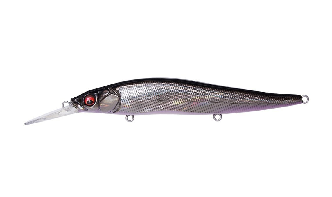 Megabass Vision 110+1 GG Deadly Black Shad jerbait close-up shows lifelike color to entice bass