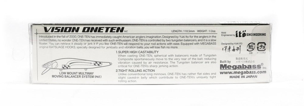 Megabass Vision Oneten 110 side profile emphasizes lifelike action for bass strikes.