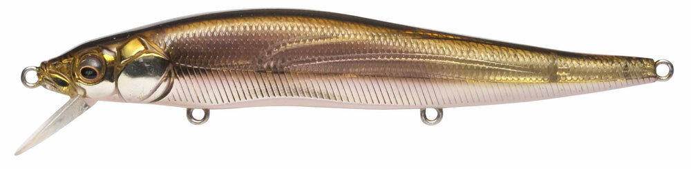 Megabass Vision Oneten ITO Wakasagi lure side-action showing slender profile to attract predatory fish