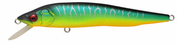 Megabass Vision95 Q-GO Mat Tiger side view showing rolling action for shallow-water fishing.