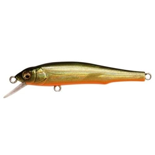 Megabass X-70 BFS Moss Back Golden Shiner lure for shallow water, delivering wide darts and suspending action.