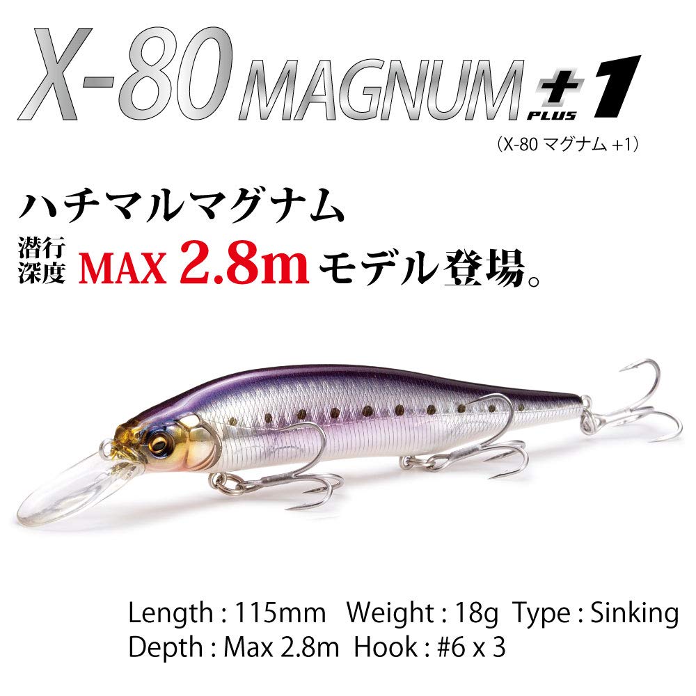 Megabass X-80 MAGNUM+1 lure, 0.6 oz weight, excels with long-distance casting in choppy surf.