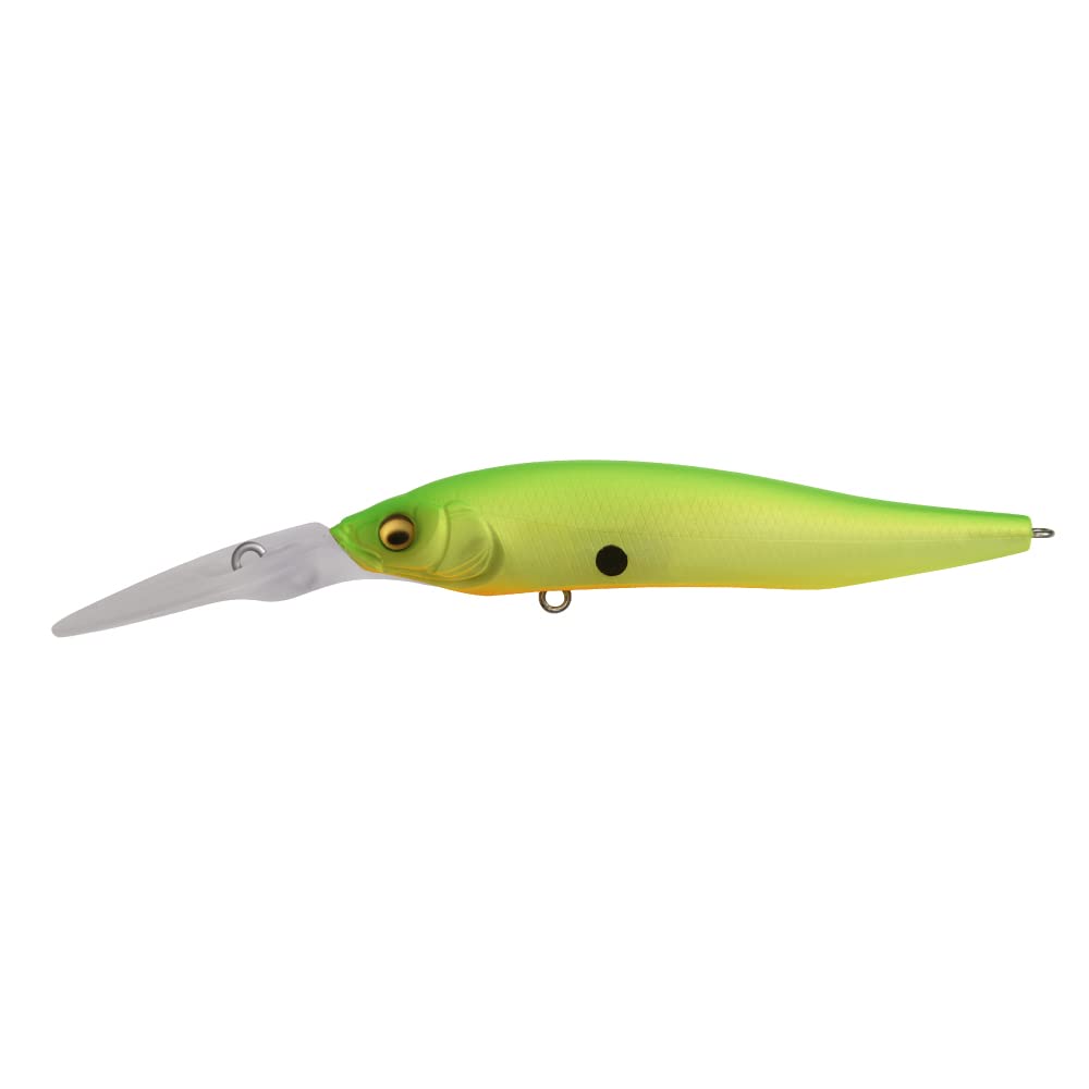 Megabass X-NANAHAN+2 Matte Chart Lime front view emphasizes compact 75mm size for long casts.
