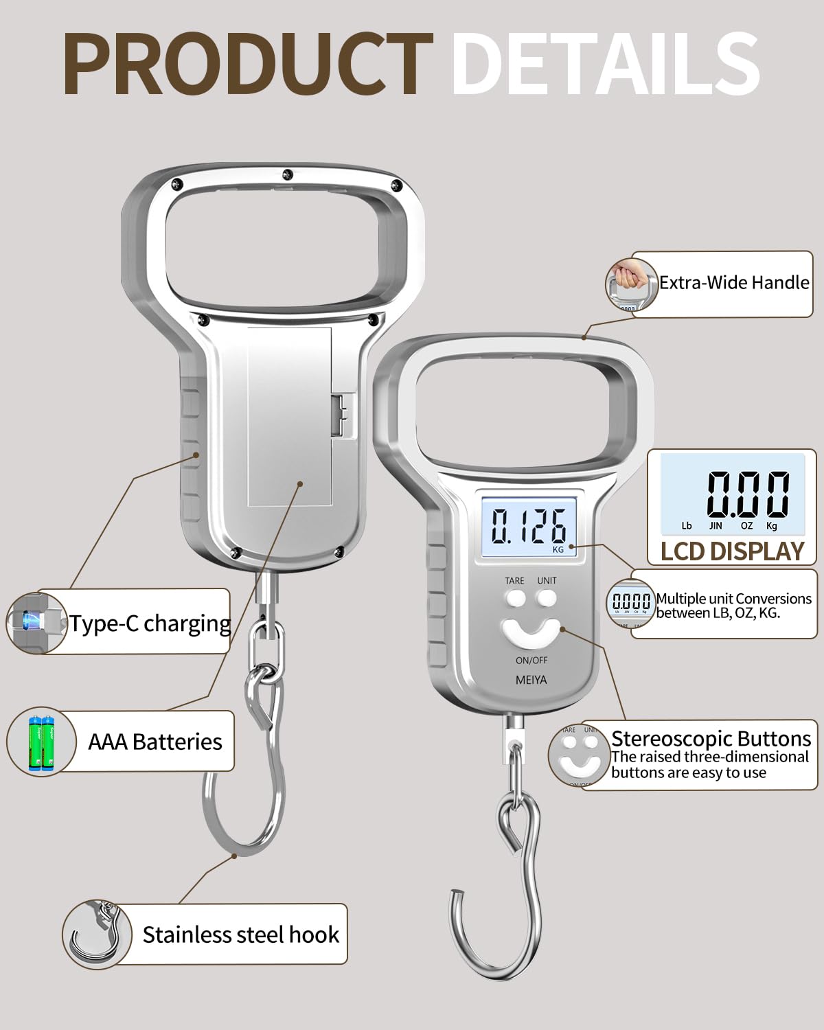 MEIYA Silver fishing scale with USB-C charging cable included