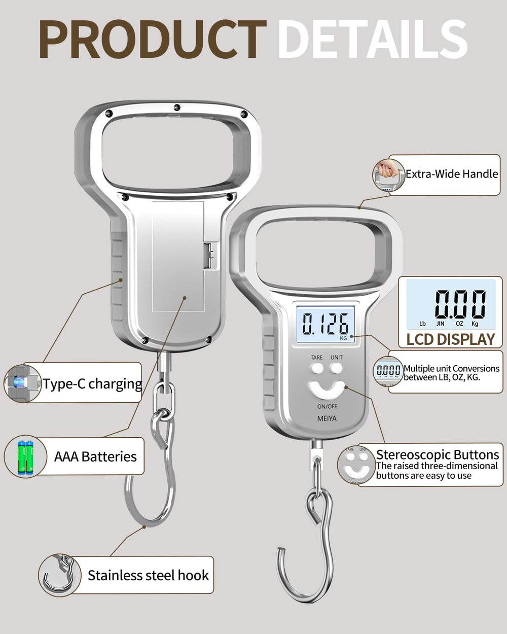 MEIYA Silver fishing scale with USB-C charging cable included