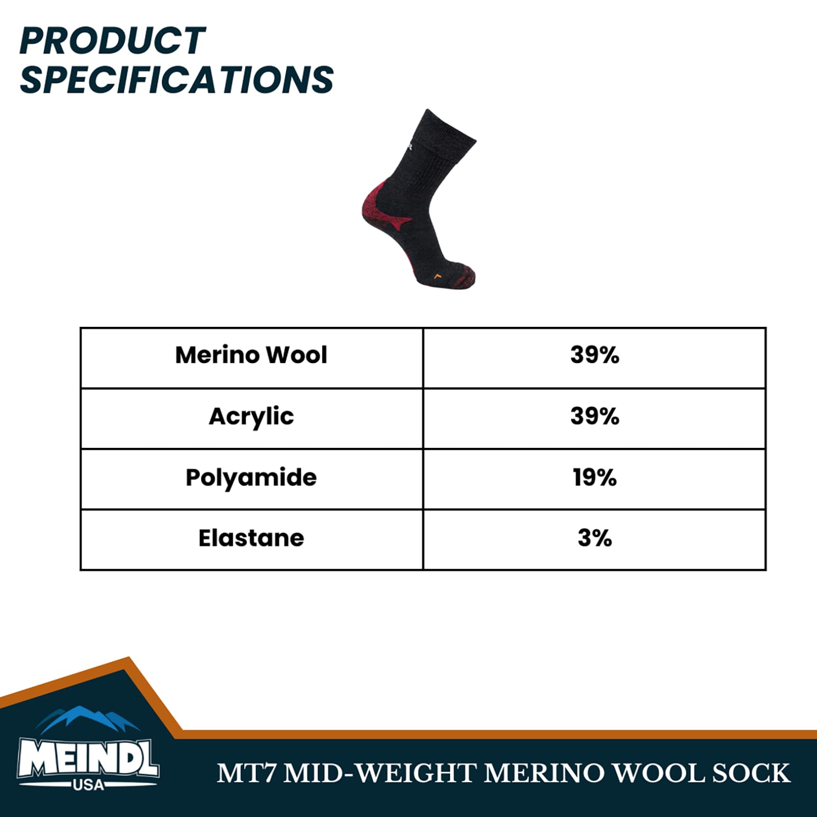 Meindl MT7 socks knitted in Italy for long-lasting comfort.