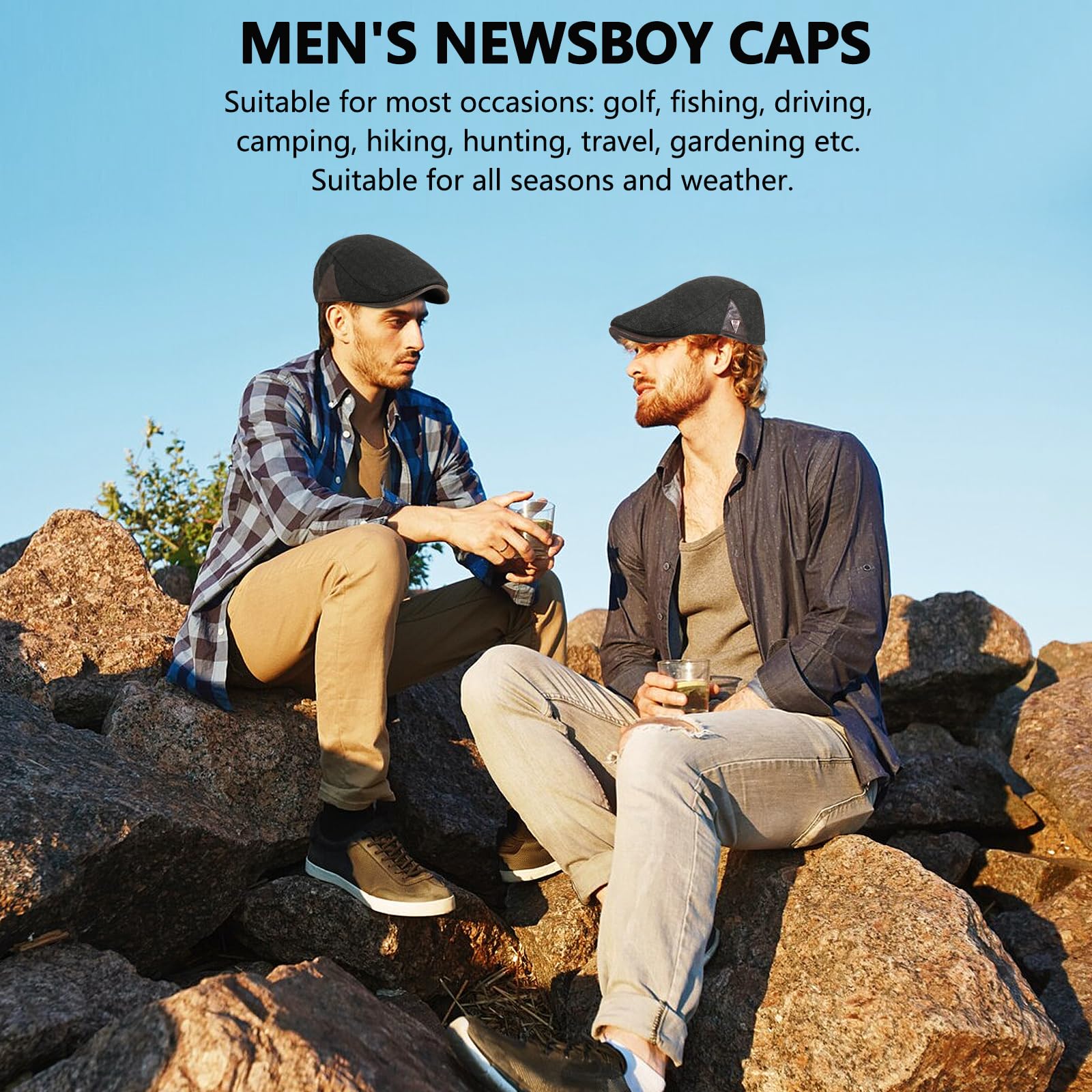 Foldable, packable men's newsboy cap in black