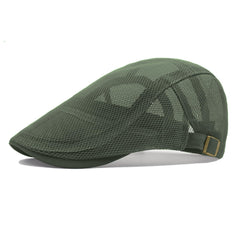 Meioro men's mesh summer flat cap in army green, front view