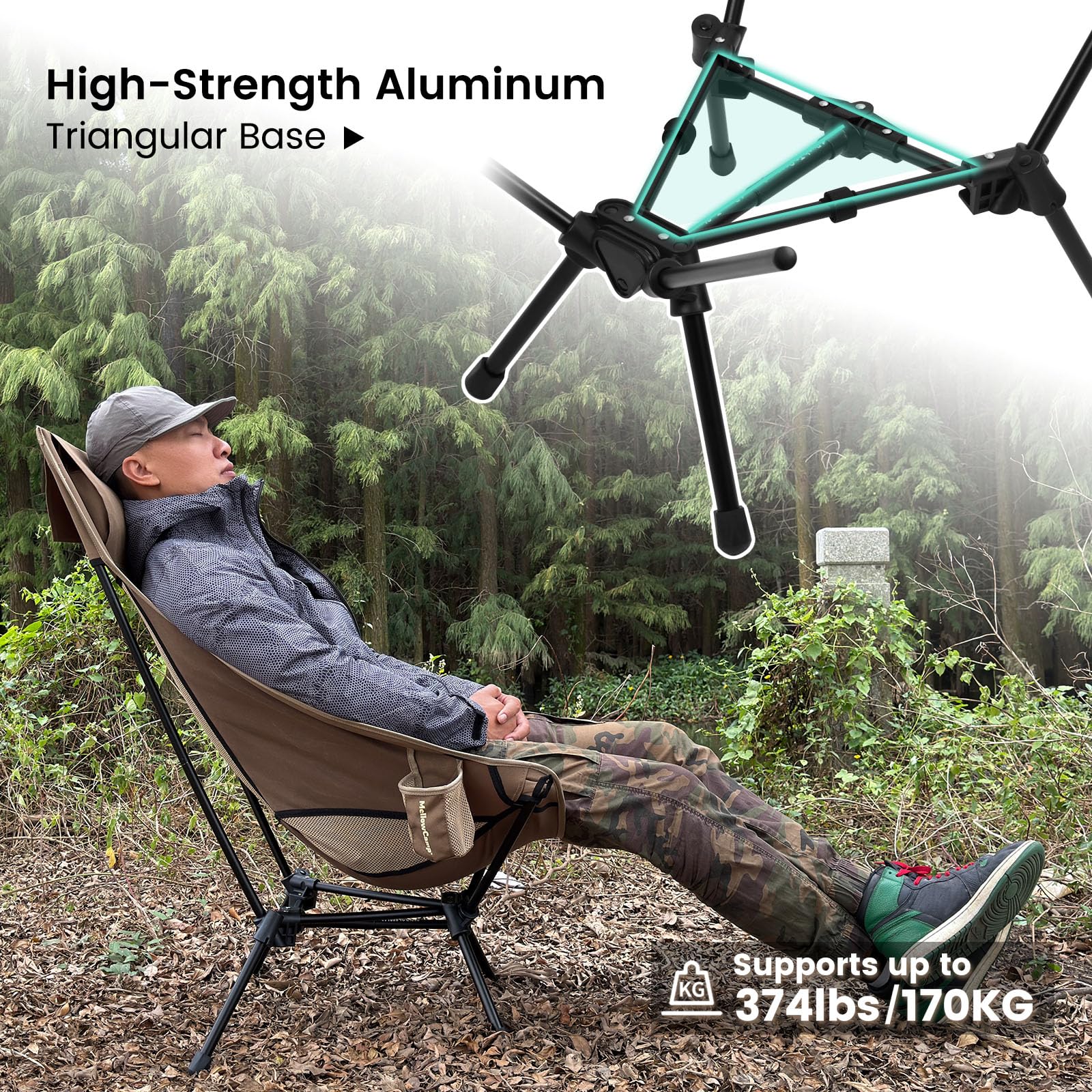 MellowCamp chair aluminum frame offers lightweight, durable construction for rugged outings.