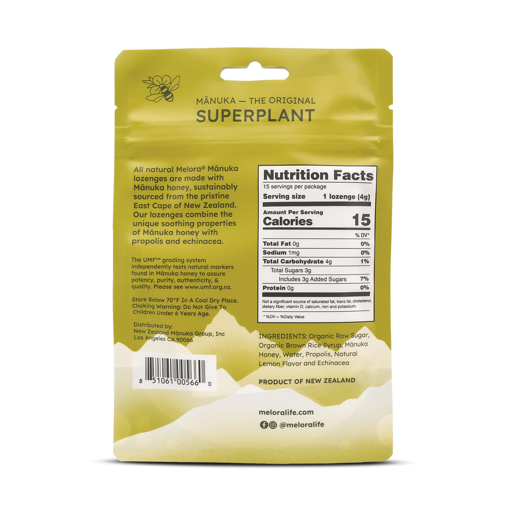 Melora lemon lozenges close-up highlighting citrus flavor for throat relief.