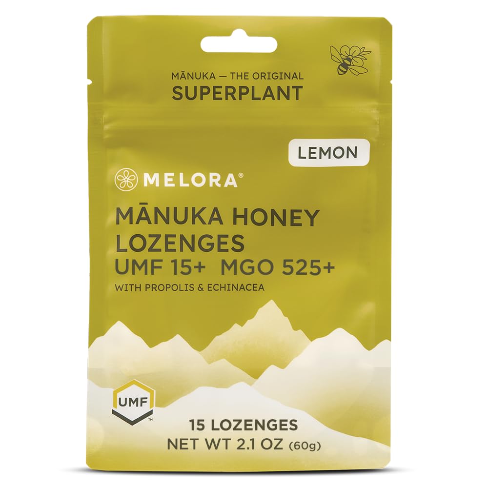 Melora Manuka honey lozenges front pack for quick throat comfort.