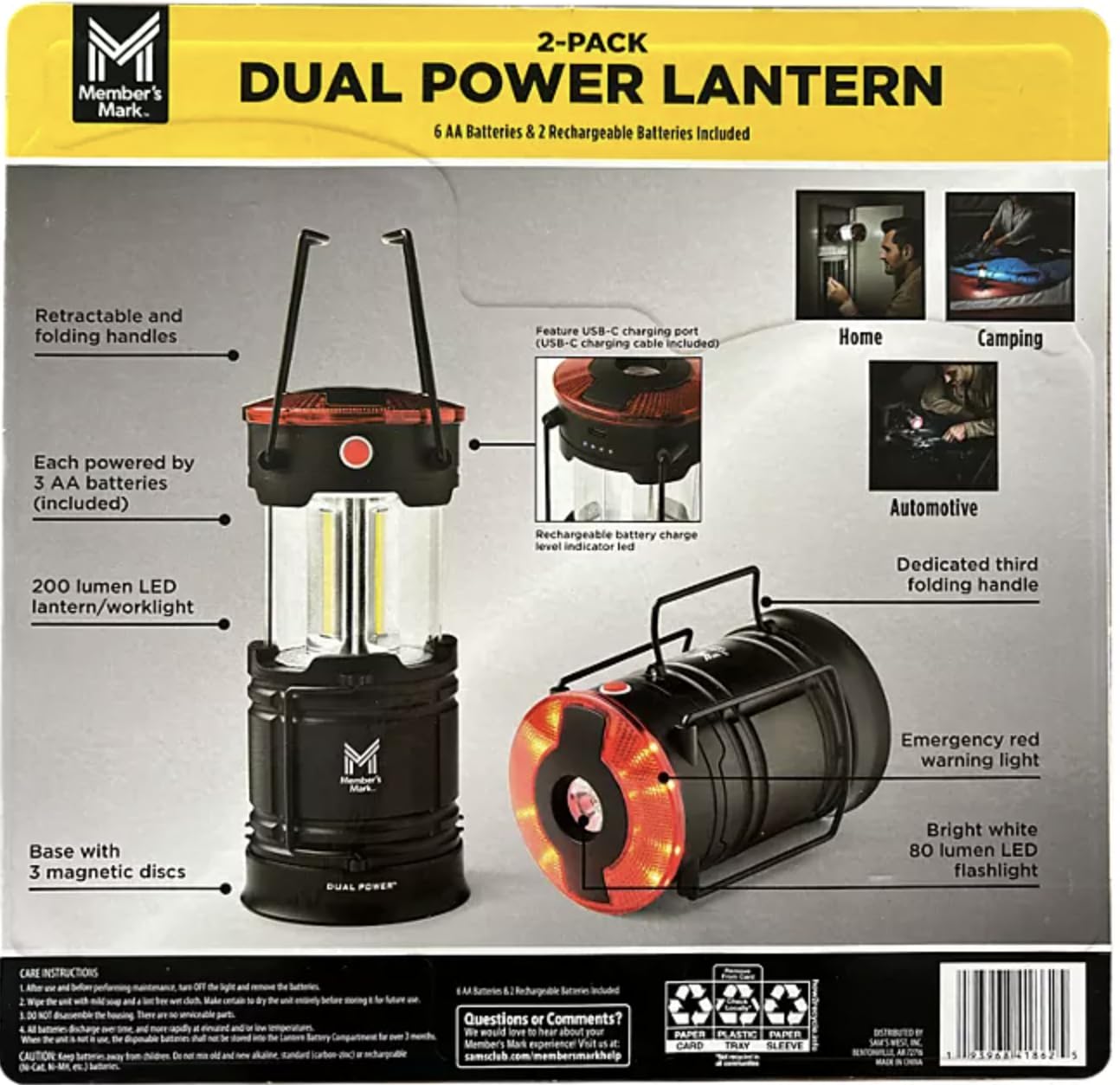 Member Mark lantern with AA batteries and rechargeable option for flexible power.