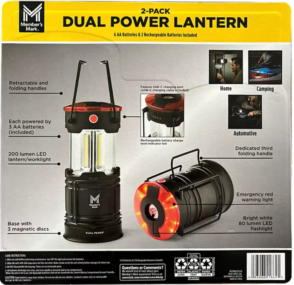 Member Mark lantern with AA batteries and rechargeable option for flexible power.