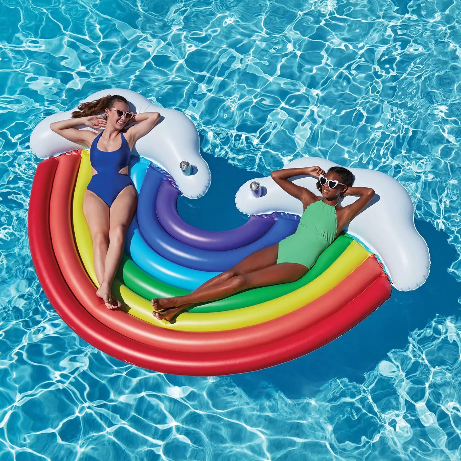 Member's Mark rainbow float inflated with durable vinyl for lasting summer fun.