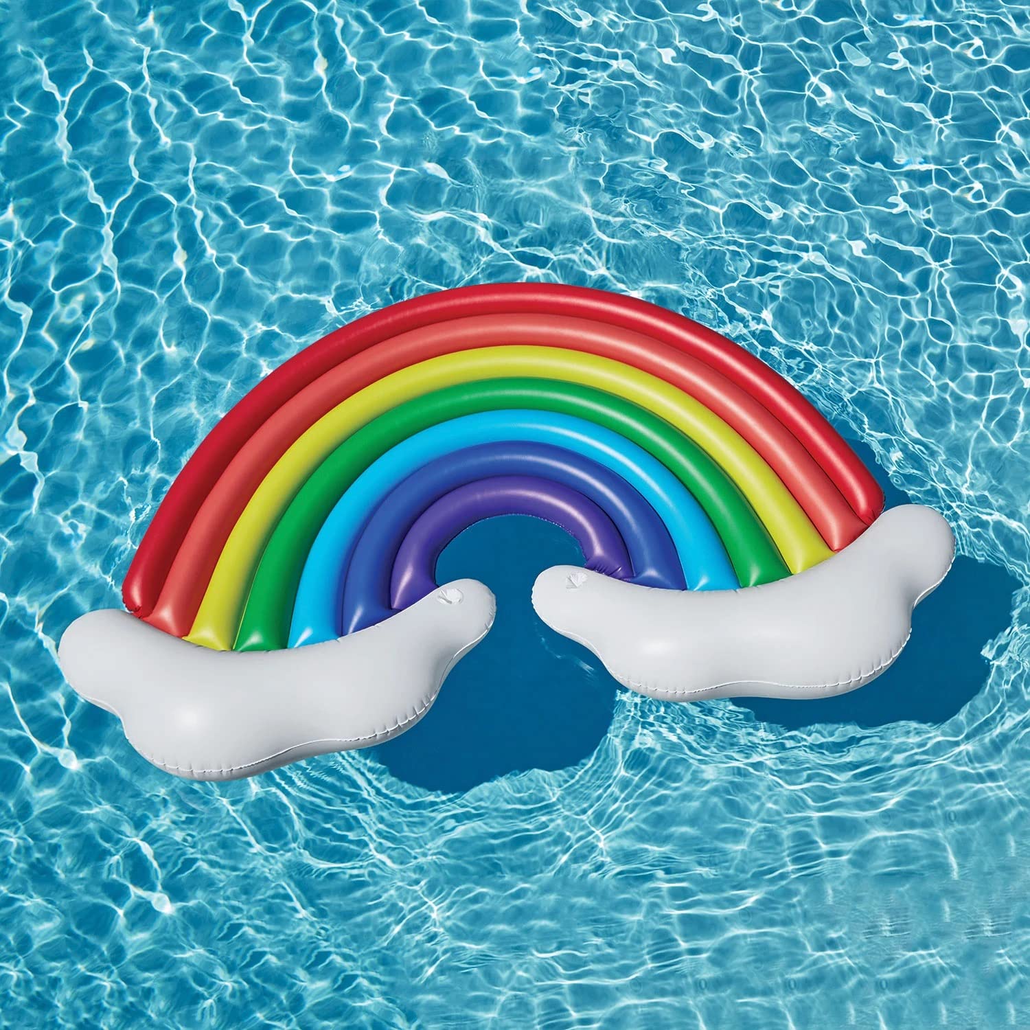 Member's Mark rainbow float, poolside lounging with friends, easy to spot in water.