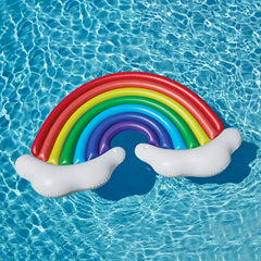 Member's Mark rainbow float, poolside lounging with friends, easy to spot in water.