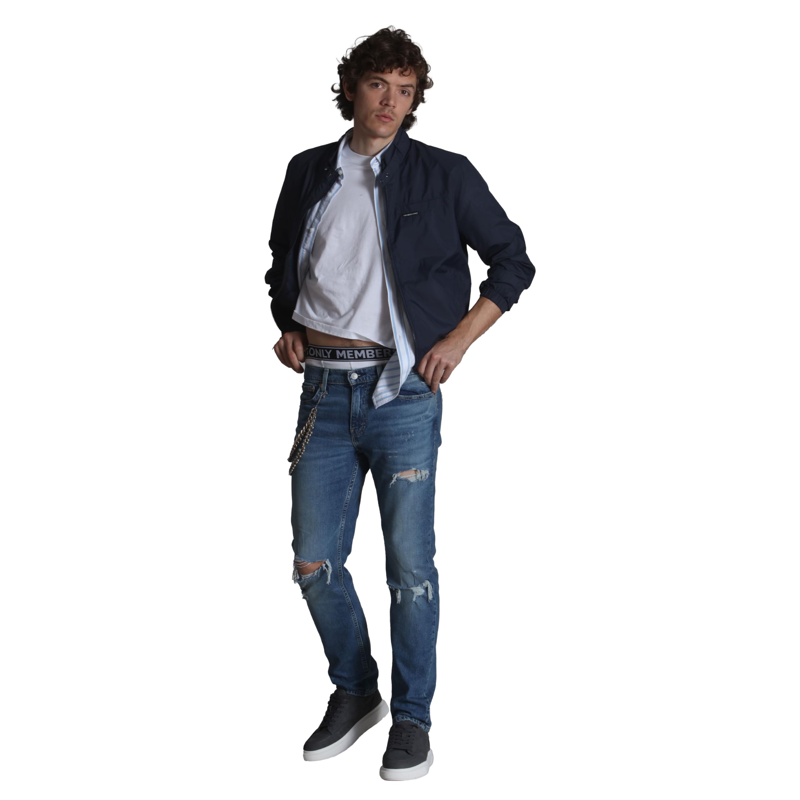 Members Only windbreaker navy golf-ready jacket neatly packs for storage.