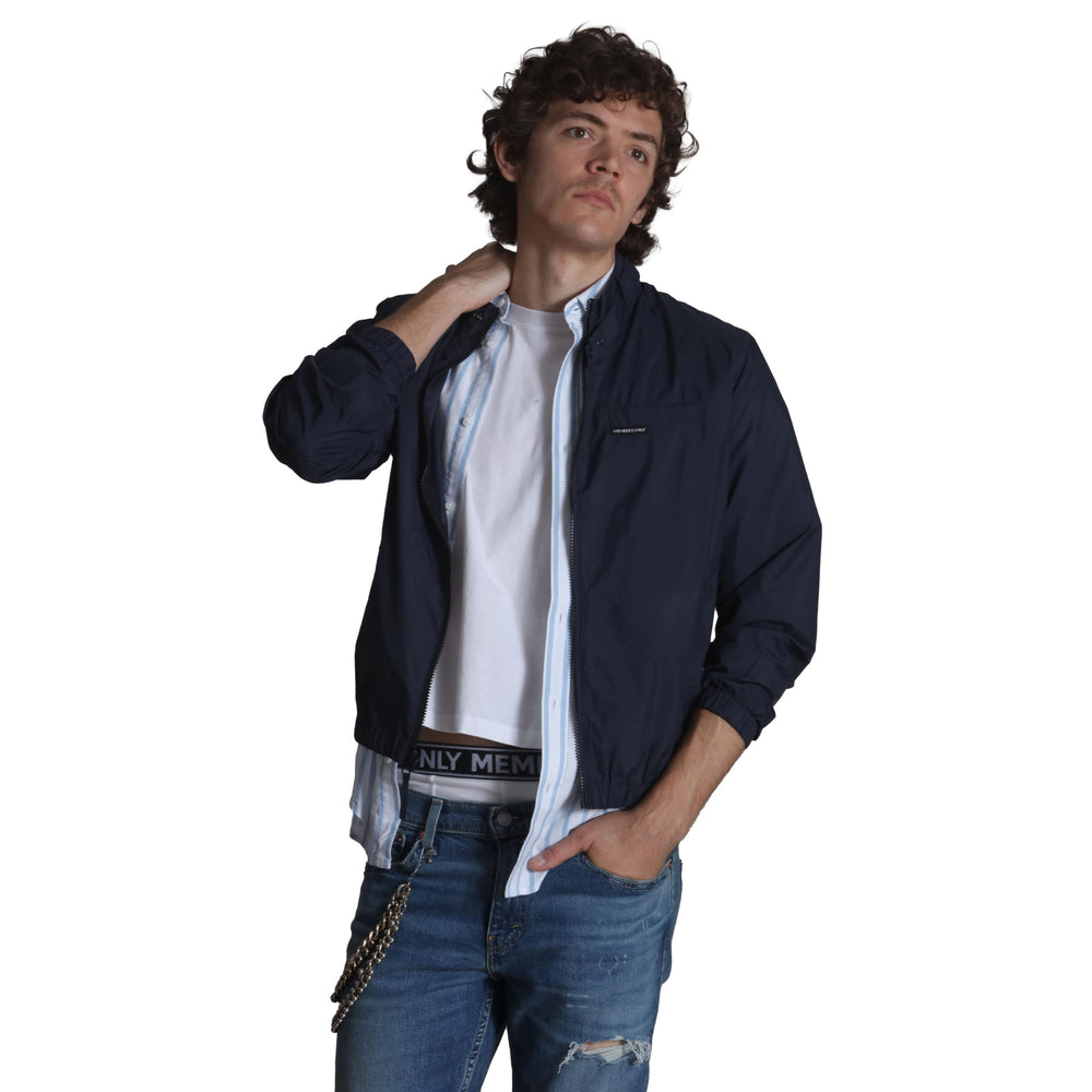 Members Only windbreaker navy worn during running for breathable outdoor comfort.