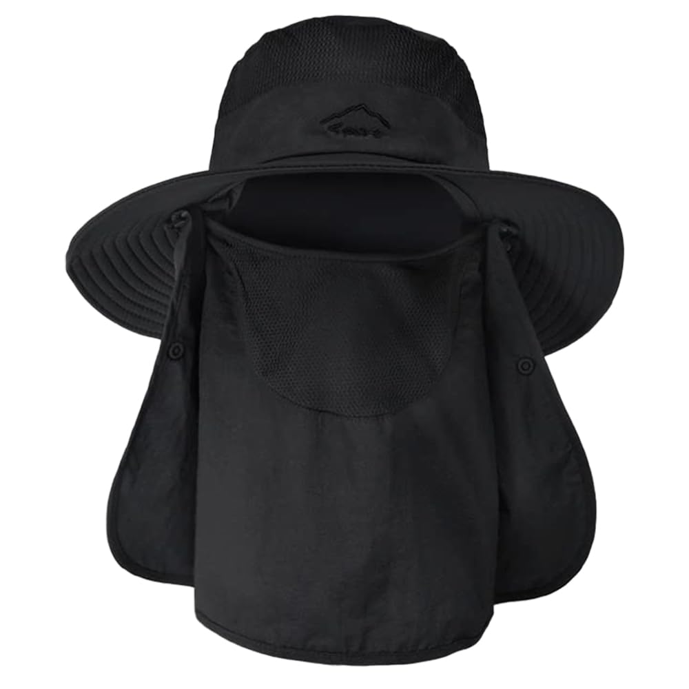 Men's sun hat with neck flap in black - front view