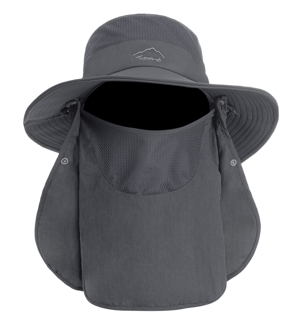 360-degree protection sun hat with neck flap in dark gray.