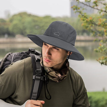 Quick-dry breathable fabric close-up on dark gray sun hat.