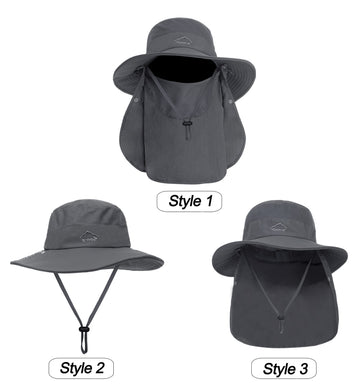 Wide brim sun hat protecting face and neck in dark gray.