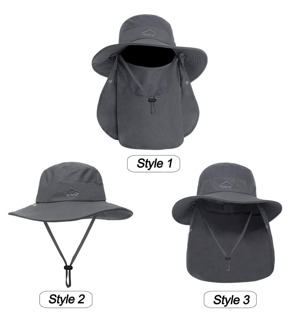 Wide brim sun hat protecting face and neck in dark gray.