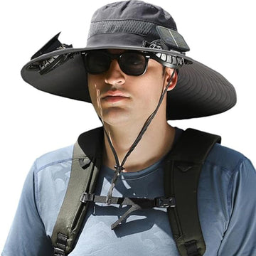 Grey men's wide-brim solar fan hat front view with two fans